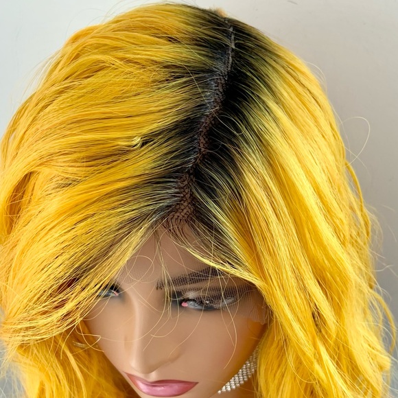12” Deep Yellow Lace Front Wig with Dark Roots - Picture 2 of 6
